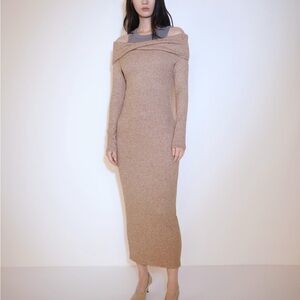 Mango Tan Off-Shoulder Long Sleeve Dress